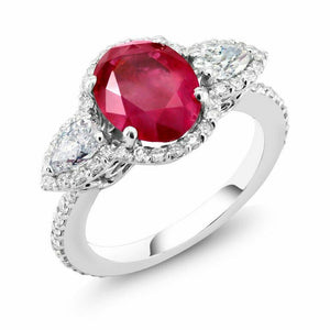 4ct Oval Cut Pink Ruby Engagement Ring Trilogy Pear Accent 14k White Gold Finish