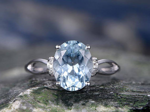 3ct Oval Cut Blue Aquamarine Engagement Ring Diamond Accent 14k WhiteGold Finish