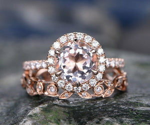 3Ct Round Cut Peach Morganite Stylish Bridal Set Halo Ring 14K Rose Gold Finish