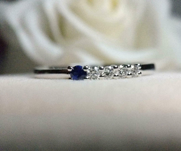 1ct Round Blue Sapphire Engagement Ring 5 Stone Minimalist 14k White Gold Finish