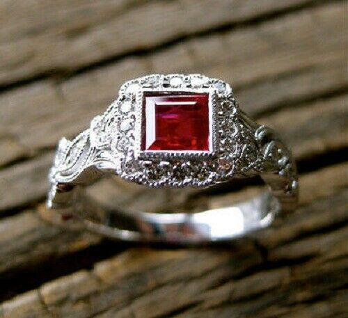 2Ct Princess Cut Pink Ruby Vintage Halo Engagement Ring 14K White Gold Finish