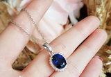 3ct Oval Cut Blue Sapphire Pendant with Chain Halo Cluster 14k White Gold Finish