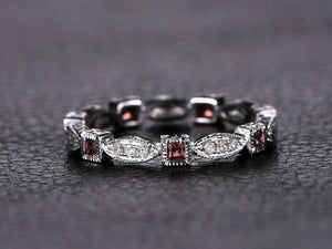 1ct Princess Cut Red Garnet Wedding Band Vintage Stackable 14k White Gold Finish