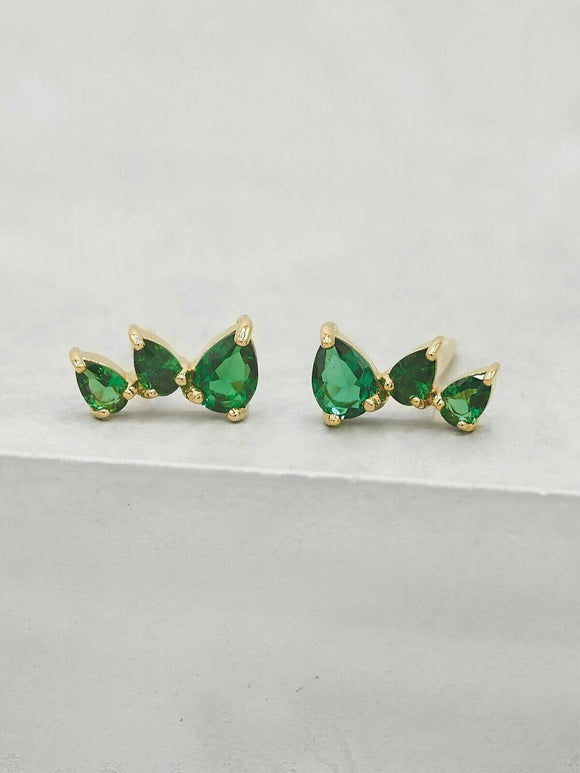 1ct Stud Earrings Pear Cut Green Emerald Trilogy Petite 14k Yellow Gold Finish