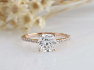 1.5ct Cushion Cut Diamond Engagement Ring Accents Solitaire 14k Rose Gold Finish