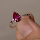 0.75ct Pear Cut Pink Ruby Trilogy Solitaire Engagement Ring 14k WhiteGold Finish