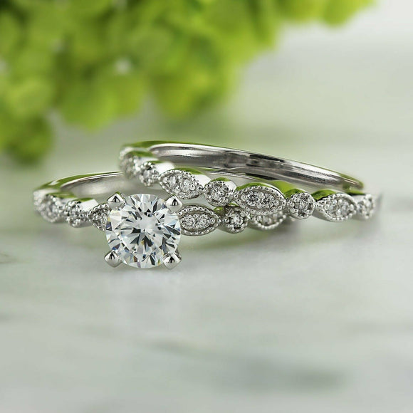 2Ct Round Cut Diamond Vintage Bridal Set Milgrain Ring Band 14K White Gold Over