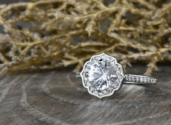 1.7ct Round Cut Diamond Engagement Ring 14k WhiteGold Finish Vintage Floral Halo