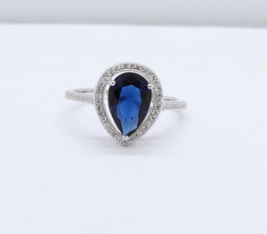 2.7Ct Pear Cut Blue Sapphire Diamond Halo Engagement Ring 14K White Gold Finish