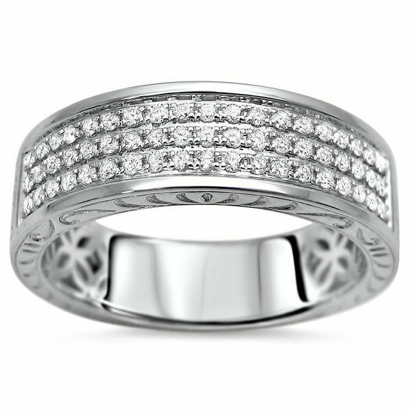 2Ct Round Diamond Half Eternity Vintage 3 Row Wedding Band 14K White Gold Finish