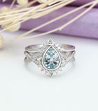 2.3ct Pear Blue Aquamarine Engagement Ring Curved Bridal Set 14k White Gold Over