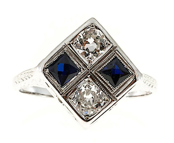 2ct Princess Blue Sapphire Engagement Ring Antique Vintage 14k White Gold Finish