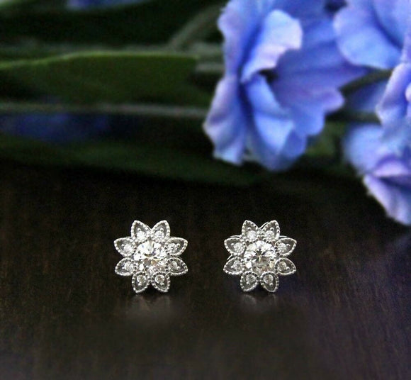 Art Deco Flower Stud Earrings 0.62ct Round Cut Diamond 14k White Gold Finish