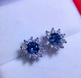 2.5ct Stud Earrings Round Cut Blue Sapphire Diamond Floral 14k White Gold Finish