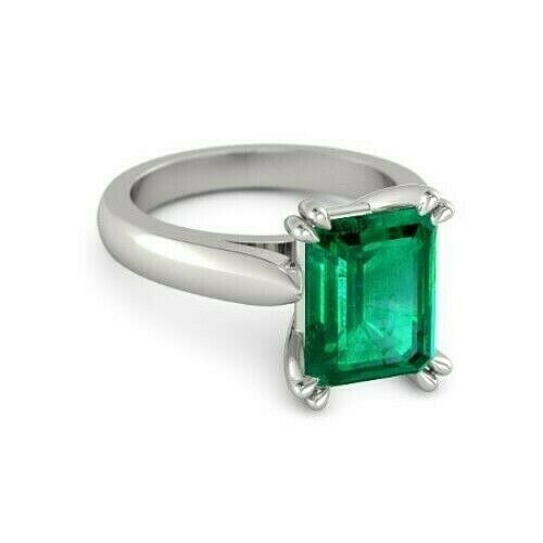 3Ct Green Emerald Classic Solitaire Engagement Ring Women 14K White Gold Finish