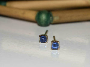 0.4ct Stud Earrings Asscher Cut Blue Sapphire Solitaire 14k Yellow Gold Finish