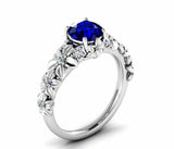 2ct Round Cut Blue Sapphire Flower Solitaire with Accent Ring 14k WhiteGold Over