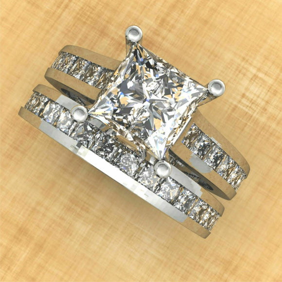 6Ct Princess Cut Diamond Solitaire Ring Band Bridal Set 14K White Gold Finish