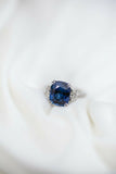 3.2ct Cushion Cut Blue Sapphire Engagement Ring Trilogy 14k White Gold Finish