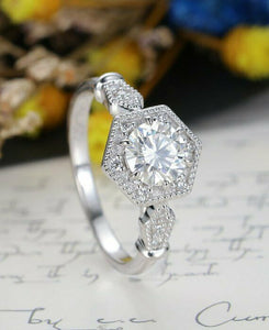 2ct Round Cut Diamond Engagement Ring 14k White Gold Over Milgrain Hexagon Shape