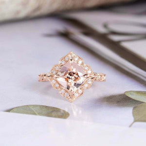 2ct Cushion Cut Peach Morganite Engagement Ring Halo Milgrain 14k Rose Gold Over