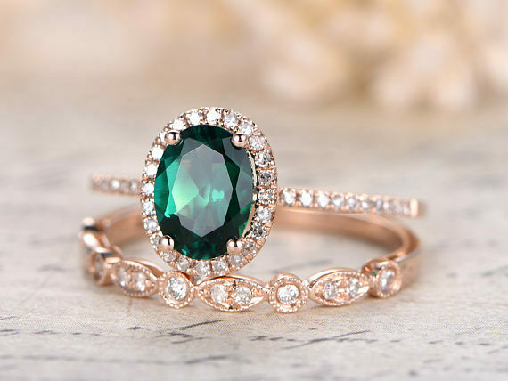 4Ct Oval Cut Green Emerald Bridal Set Halo Engagement Ring 14K Rose Gold Finish