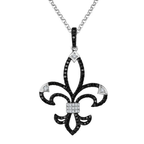 1.2ct Round Cut B & W Diamond Pendant Fleur-de-Lis 14k WhiteGold Finish NO CHAIN