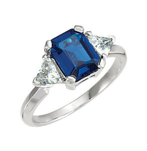 2.2ct Emerald Cut Blue Sapphire Engagement Ring Trilogy 14k White Gold Finish