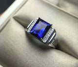 3ct Emerald Cut Blue Sapphire Signet Engagement Men Ring 14k White Gold Finish