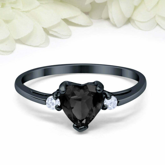 1ct Heart Black Diamond Engagement Ring Trilogy Minimalist 14k Black Gold Finish