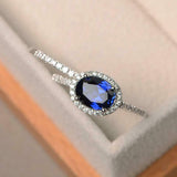 2ct Oval Cut Blue Sapphire Engagement Ring Bridal Set Halo 14k White Gold Finish