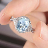 2ct Oval Cut Blue Aquamarine Halo Split Band Engagement Ring 14k White Gold Over