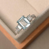 2.2ct Emerald Cut Blue Aquamarine Engagement Ring 5 Stone 14k White Gold Finish