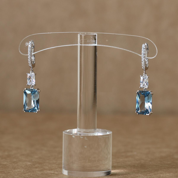 4Ct Radiant Cut Blue Aquamarine Diamond Gatsby Drop Earrings 14K White Gold Over