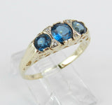 3ct Round Blue Sapphire Art Deco Trilogy Engagement Ring 14k Yellow Gold Finish