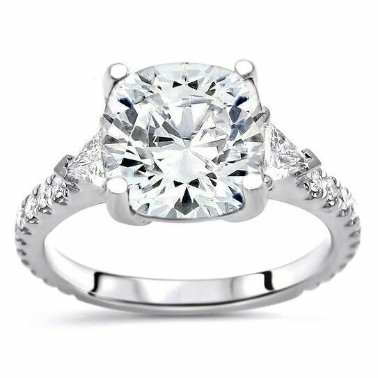 2Ct Cushion Cut Diamond Solitaire Ring 14K White Gold Over Trillion Round Accent