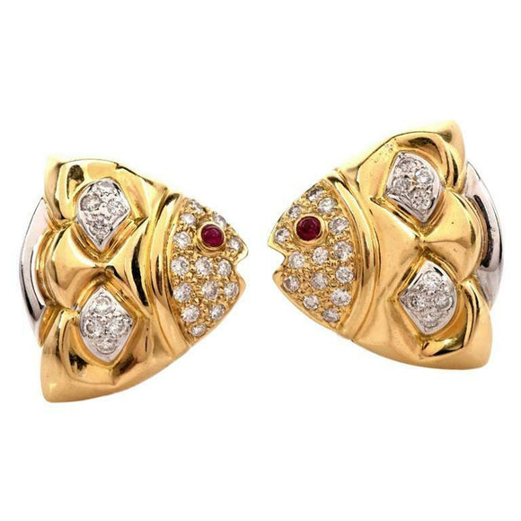 1.2ct Round Cut VVS1D Diamond Fish Design Stud Earrings 14k Yellow Gold Finish