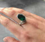 1.3ct Engagement Ring Oval Cut Green Emerald Swirl Twist 14k White Gold Finish