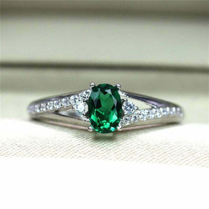 1.2ct Oval Cut Green Emerald Engagement Ring Split Shank 14k White Gold Finish