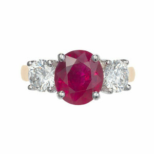 2.3ct Oval Cut Pink Ruby Diamond Trilogy Ring 14k Dual Gold Finish Round Accents