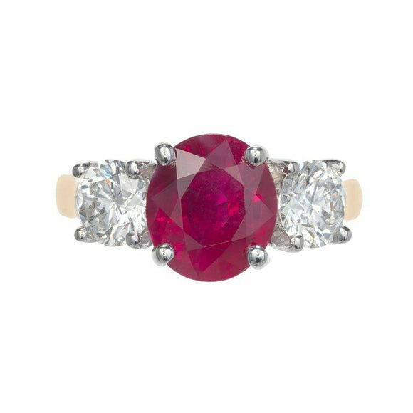 2.3ct Oval Cut Pink Ruby Diamond Trilogy Ring 14k Dual Gold Finish Round Accents