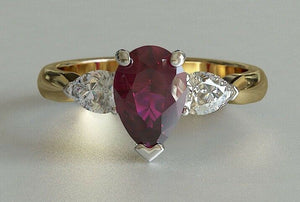 2ct Pear Cut Pink Ruby Engagement Ring Diamond Trilogy 14k Yellow Gold Finish