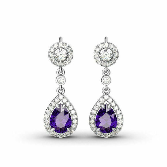 4Ct Pear Cut Purple Amethyst Diamond Halo Tear Drop Earrings 14K White Gold Over