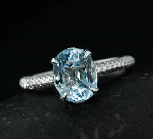 2.2ct Oval Cut Blue Aquamarine Hidden Halo Engagement Ring 14k White Gold Finish