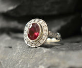 2.4ct Oval Cut Pink Ruby Vintage Inspired Halo Ring 14k White Gold Finish