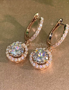 2ct Round Cut Moissanite Halo Latch Back Drop Earrings 14k Rose Gold Plated