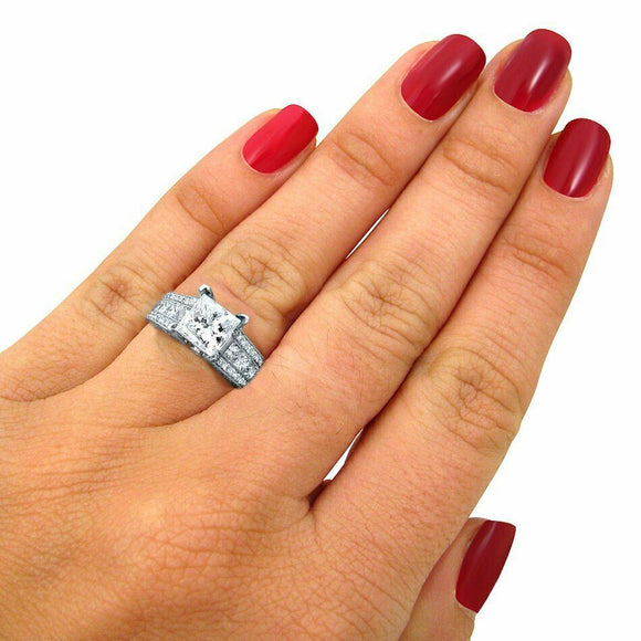 4Ct Princess Cut Diamond Vintage Solitaire with Accents Ring 14K White Gold Over