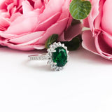 4Ct Oval Green Emerald Diamond Accent Floral Solitaire Ring 14k White Gold Over