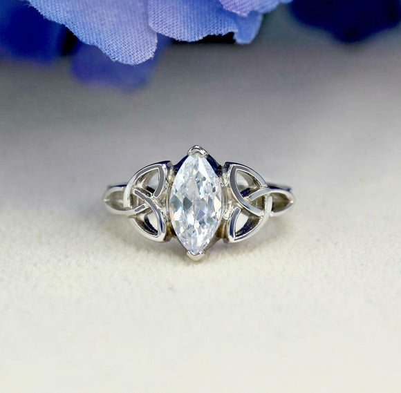 1.5ct Marquise Diamond Engagement Ring Trinity Knot Celtic 14k White Gold Finish