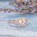 1.3ct Heart Cut Peach Morganite Halo Solitaire Engagement Ring 14k RoseGold Over